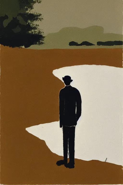 Image similar to man standing by a river, 1960’s minimalist advertising illustration, painterly, expressive brush strokes