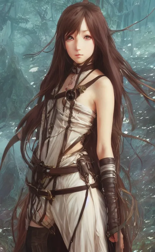 Image similar to newbie adventurer girl, anime style, long hair, hair down, symmetrical facial features, from arknights, hyper realistic, 4 k, rule of thirds, extreme detail, detailed drawing, pixiv fantasia, hd, fantasy leather clothing, by alphonse mucha, greg rutkowski, sharp focus, backlit