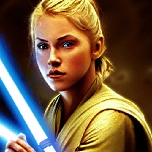 Image similar to young karen fisher as a jedi in star wars, 8k resolution, full HD, cinematic lighting, award winning, anatomically correct