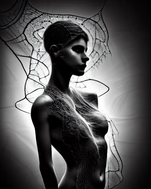 Image similar to surreal mythical dreamy dark artistic black and white fine art photo of a beautiful young female angel - mermaid - cyborg covered with translucent algae lace web, rim light, cinematic, studio dramatic light, poetic, octane render, 8 k, photo - realistic, by floria sigismondi