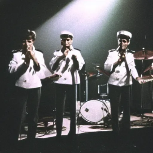 Image similar to still from a 1 9 6 0 s concert film, a group of 4 men dressed in peppermint themed sailor outfits play a rock concert, moody lighting, viewed from afar, cinematic shot