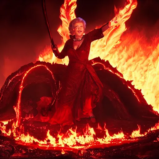 Image similar to stunning awe inspiring betty white the queen of hell surounded by fire, lava and demons, movie still 8 k hdr atmospheric lighting