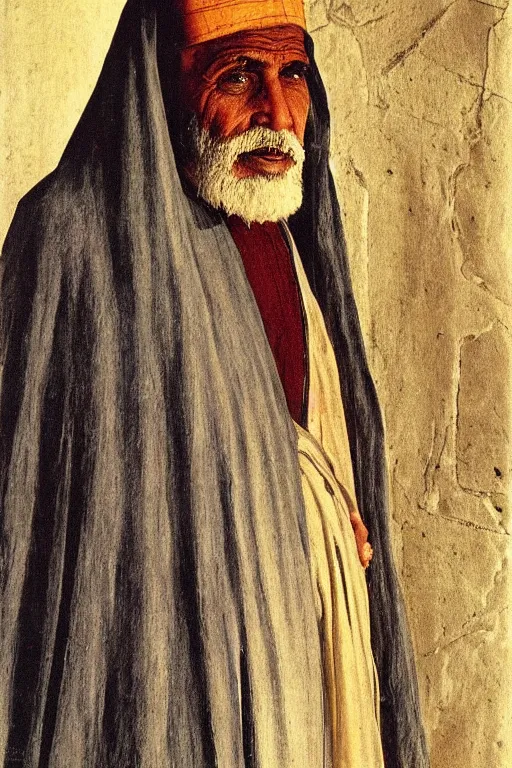 Image similar to a closer hero portrait of a a very old egyptian priest with very piercing eyes, very charismatic. in old egypt. masterpiece, dramatic light and shadow, saturated colors, ciaroscuro. painted by carl larsson