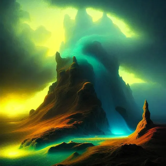 Prompt: fantasy aerial iceland landscape in the form of the human eye!!!!!, volumetric lighting, colorful, sharp and focus, ultra detailed, beautifully lit landscape, astrophotography, in the art style of dan mumford, ivan aivazovsky and marc simonetti