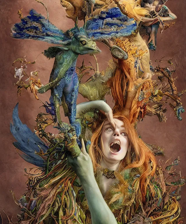 Image similar to a portrait photograph of a meditating fierce sadie sink as a colorful harpy antilope super villian with slimy amphibian scaled blue skin. her body is partially transformed into a beast. by donato giancola, hans holbein, walton ford, gaston bussiere, peter mohrbacher and brian froud. 8 k, cgsociety, fashion editorial