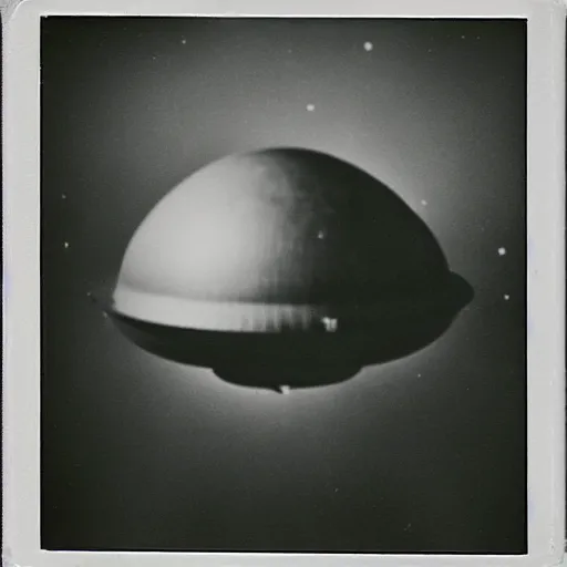 Prompt: polaroid photograph of ufo taken, hanebau, 1 9 5 0 s, black and white, blurry