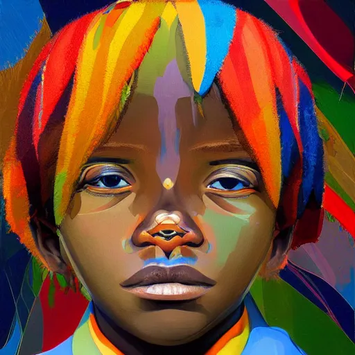 Image similar to colourful upper half portrait of an african boy, art by takashi murakami, highly detailed, digital painting, ray tracing, concept art, illustration, smooth sharp focus, intricate, symmetry, artstation,