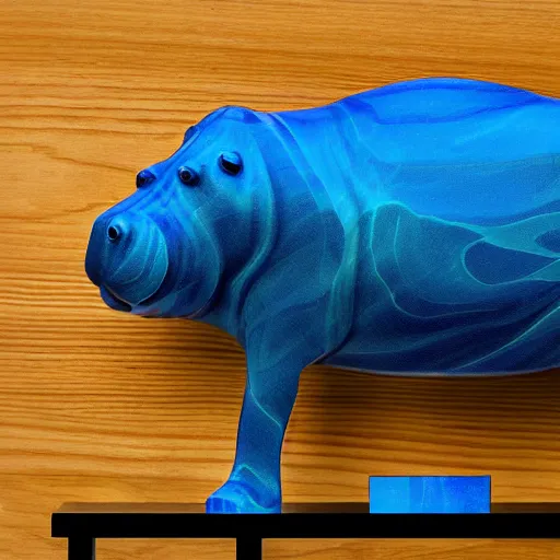 Prompt: a photo of a model hippo made with a combination of [ elm wood!!! ] and [ blue epoxy resin!! ] in straight lines, dramatic lighting, epoxy resin, studio zeiss 1 5 0 mm f 2. 8 hasselblad, award - winning photo, full subject shown in photo, wood