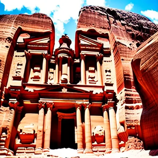 Image similar to the temple of petra with carvings of anime characters