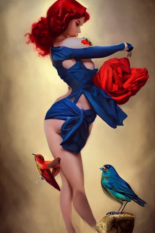 Image similar to hyper realistic painting, tasteful pinup girl, fashionable red hair, holding an indigo bunting, bird, the bird is wearing a bowtie, by greg rutkowski, rossdraws, gil elvgren, enoch bolles, anime, porcelain skin, very coherent