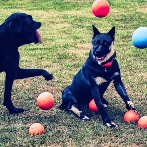 Image similar to a dog juggling 3 balls
