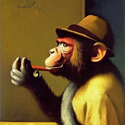 Prompt: Monkey smoking!!!!!!!! a Cuban cigar, oil on canvas, by Johannes Vermeer