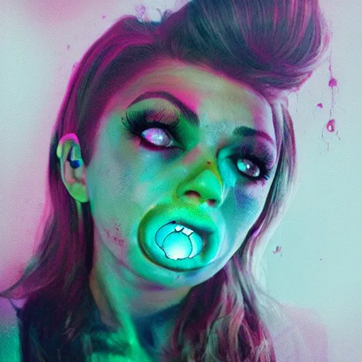 Image similar to zombie sarah hyland making a duckface selfie, art by beeple