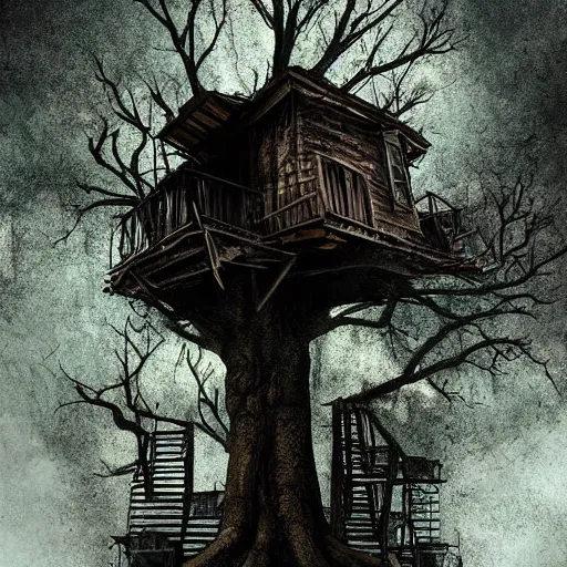 Image similar to tree house, post - apocalyptic, dark fantasy, liminal space, dark paradise, digital art