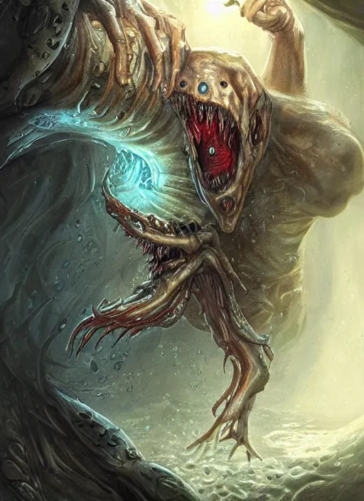 Prompt: digital painting of a wet smily undead drowned monster, with translucent and weiny skin, long freaky finger, by filipe pagliuso and justin gerard, fantasy, highly detailed, realistic, intricate, glowing eyes