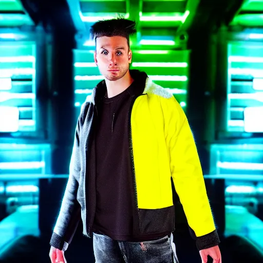 Prompt: autumn season rave jacket with led skin and fluffy lining in the style of cyberdog, product shot, dark background, neon lighting