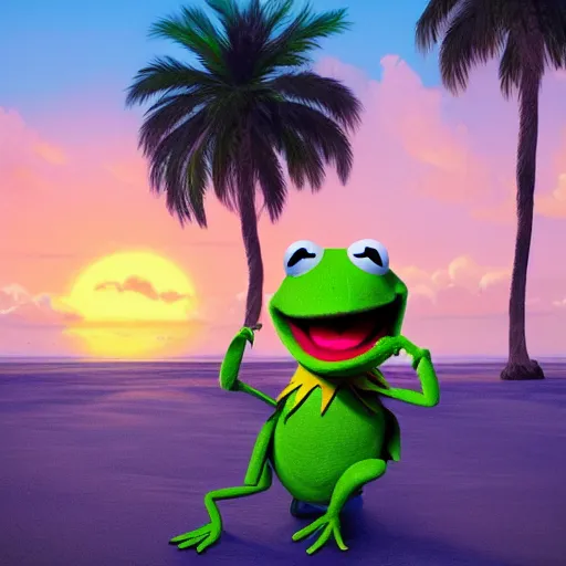 Image similar to Kermit the Frog is walking happily on the beach, the sun is setting behind him, palm trees swaying in the wind gracefully, Kermit is happy, hyperdetailed, artstation, cgsociety, 8k