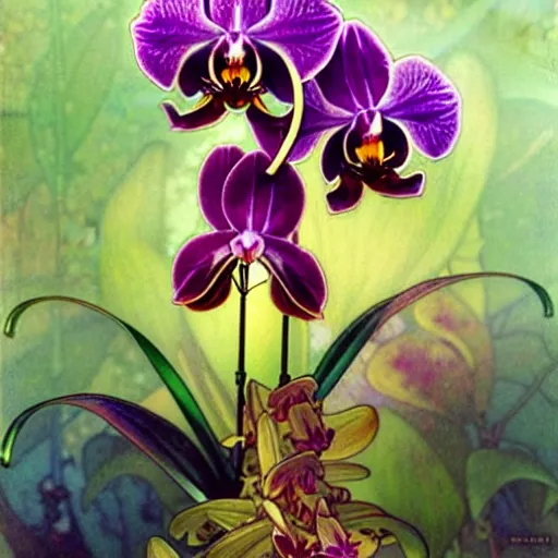 Prompt: intricate dmt orchid flower, art by collier, albert aublet, krenz cushart, artem demura, alphonse mucha