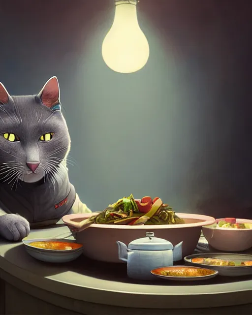 Image similar to highly detailed surreal vfx portrait of a grey cat with chefs hat on cooking a meal, stephen bliss, unreal engine, greg rutkowski, loish, rhads, beeple, makoto shinkai and lois van baarle, ilya kuvshinov, rossdraws, tom bagshaw, alphonse mucha, global illumination, detailed and intricate environment