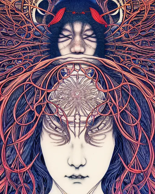 Image similar to human spirit breaking away from the body, conjuring psychedelic background, part by takato yamamoto, part by alex gray, ross tran, james jean, ultra realistic, highly detailed, 8 k, trending on artstation, symmetry