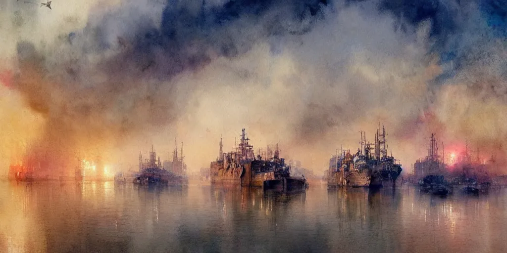 Prompt: a beautiful insanely intricate watercolor illustration of modern harbor with big tanker ships, reflexions, colorfull, by william turner art, by greg rutkowski, by james jean, by rossdraws, by frank franzzeta, by sakimichan, by edmund dulac, trending on artstation, insanely detailed, masterpiece,