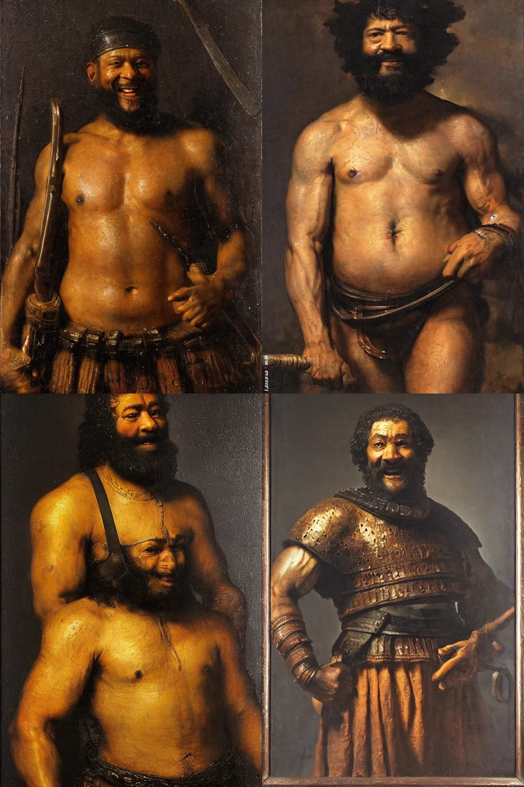 Prompt: spartan, black skin. Oily muscles. long thick black beard. Big smile. Bronze breastplate. oil painting. By Rembrandt.