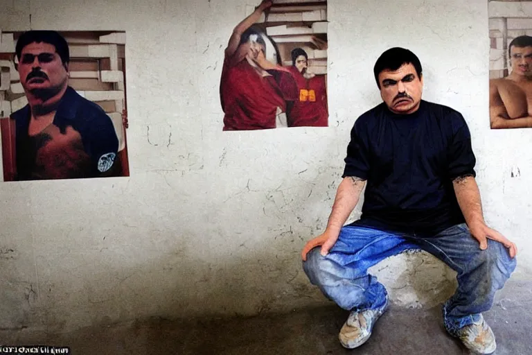 Image similar to el chapo is meditating in the middle of a prison cell. the prison cell is lined with posters of hot latina babes. meditation