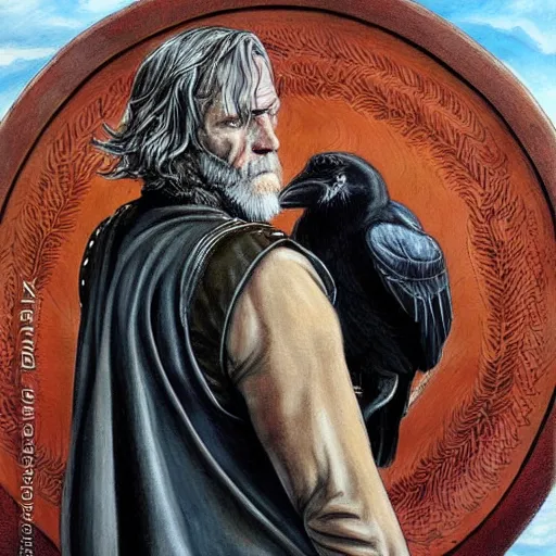 Prompt: hugh laurie as odin, wearing an leather eyepatch, two ravens in the background, very detailed painting by Glenn Fabry