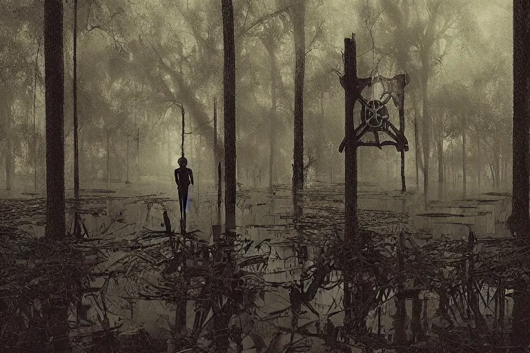 Image similar to scene from louisiana swamps, airboat, neon satanic pentagram, boy scout troop, voodoo artwork by tim eitel