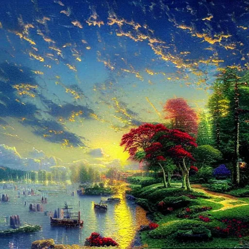 Prompt: a beautiful painting by Thomas kinkade, landscape, breathtaking