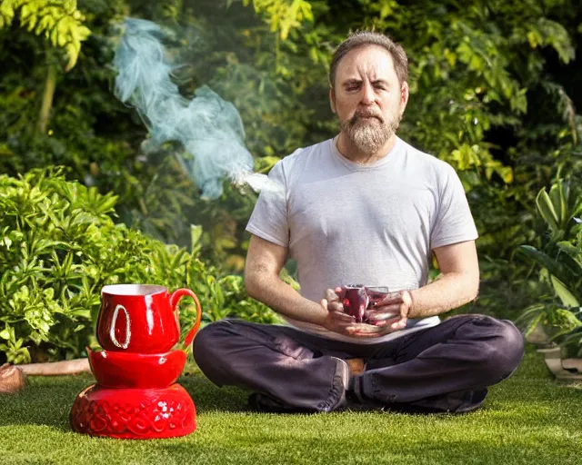 Prompt: mr robert is drinking fresh tea, smoke pot and meditate in a garden from spiral mug, detailed glad face, power arms, golden hour closeup photo, red elegant shirt, eyes wide open, ymmm and that smell