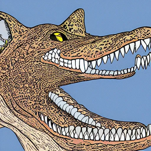 Image similar to tabby cat alligator pool “ geoff darrow ” production art