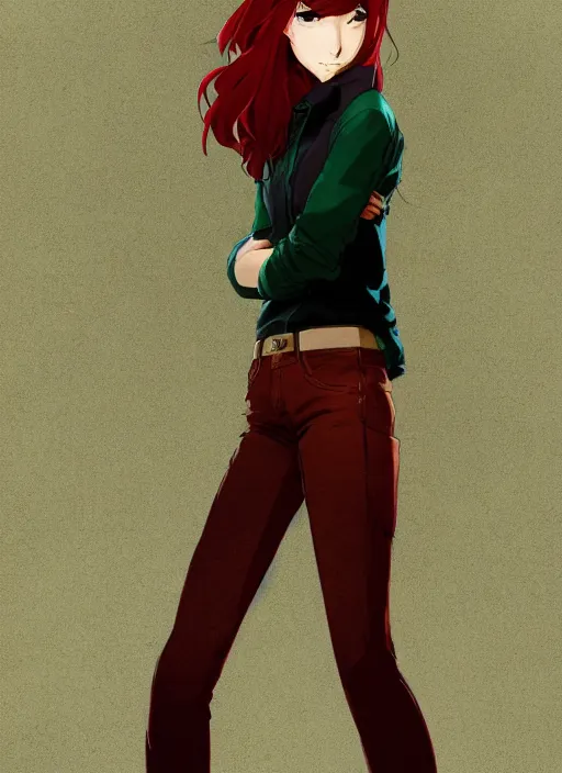 Image similar to full-body shot of an attractive tomboy girl with long, crimson red hair and red eyes, wearing a brown, open jacket and green jeans with a stern look, concept art, character design, by WLOP, by Ross Draws, by Tomine, by Satoshi Kon, by Rolf Armstrong