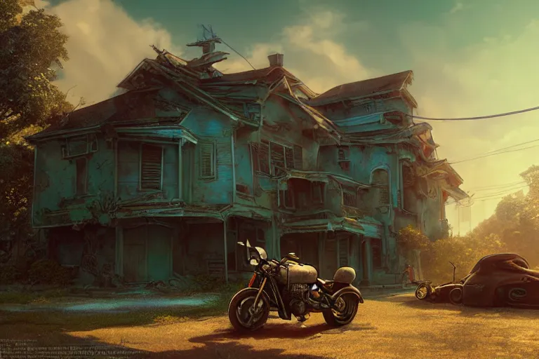 Prompt: science fiction motorcycle parked in front of a dilapidated old house, medium shot, studio Ghibli, Pixar and Disney animation, sharp, very detailed, high resolution, Rendered in Unreal Engine 5, anime key art by Greg Rutkowski, Bloom, dramatic lighting, colorful