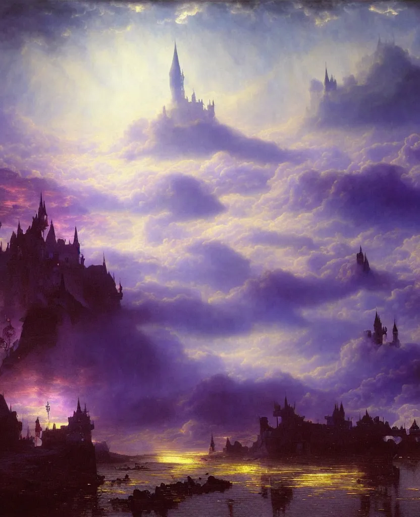 Image similar to beautiful matte airbrush painting of a of a fantasy landscape made of clouds with a european medieval castle made of light in the distance, ispired by gilbert williams, clear painting and good lighting, dark blue and intense purple color palette, mystical fog, art by yoshitaka amano, andreas achenbach, alfons mucha