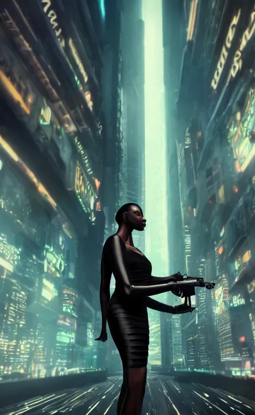 Prompt: Elegant Black woman in dress and heels, holding a futuristic pistol, back to us, looking at a futuristic Blade Runner city” 8K