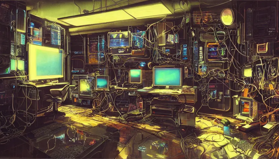 Image similar to A highly detailed rendering of a Cyberpunk hackers bedroom which has sophisticated hi-tech computers surrounded by messy cables, soft neon lighting, reflective surfaces, sci-fi concept art, by Syd Mead, highly detailed, oil on canvas