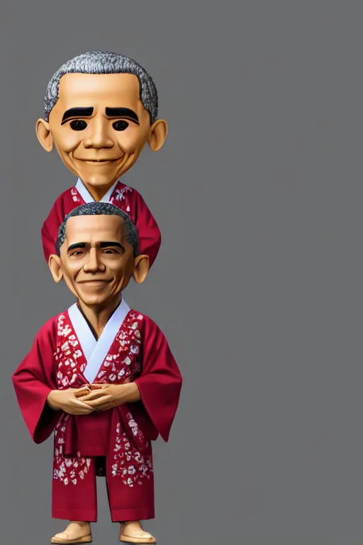 Image similar to full body 3d render of barack obama as an chibi figurine wearing a beautiful kimono, shinto shrine, blender, trending on artstation, 8k, highly detailed, bokeh, depth of field