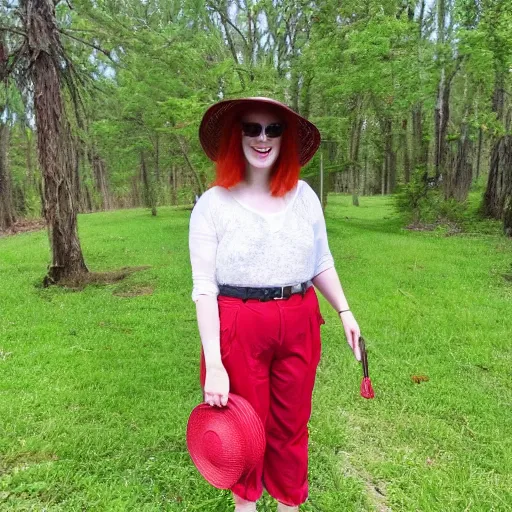 Image similar to red headed woman wearing a wide brimmed straw hat and a fanny pack