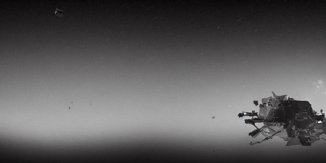 Prompt: closeup black and white photo from the surface of the moon, cinematic film still, glowing landing lights on spaceship, stars and space in the background, interstellar, christoper nolan, sharp focus, high contrast, glow, wide angle view, 4 k