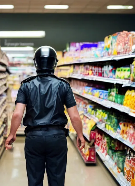 Prompt: security guard wearing motorcycle helmet at supermarket