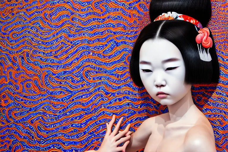 Image similar to hyperrealistic detailed image of a geisha laying in a art installation room, hd smooth interior by yayoi kusama, part by kei mieno, part by ross tran, dark art by james jean, ultra realistic, highly detailed, life like face, detailed body, 8 k, 3 d render by roger magrini, very cohesive, masterpiece