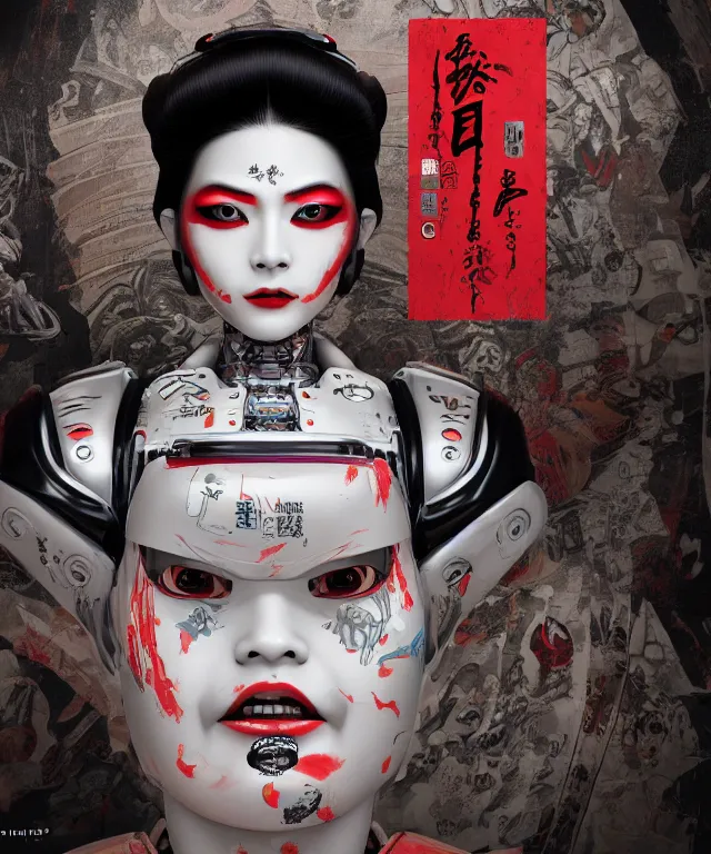 Image similar to an epic fantastic realism comic book style portrait painting of a japanese robotic geisha with kanji tattoos and decals, apex legends, octane render, intricate detail, 4 k hd, unreal engine 5