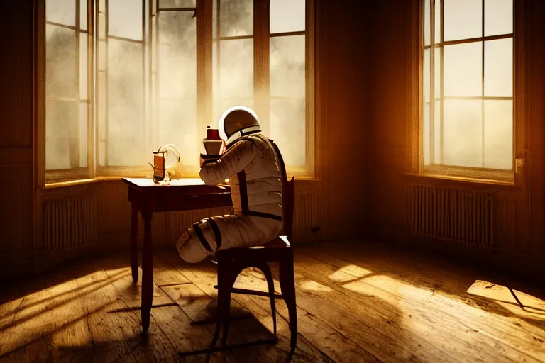 Image similar to a single cosmonaut in a spacesuit drinks a steaming cup of tea at an old wooden desk in a richly decorated Victorian house. the autumn light comes in through a window and dimly illuminates the room, diffuse light, octane render