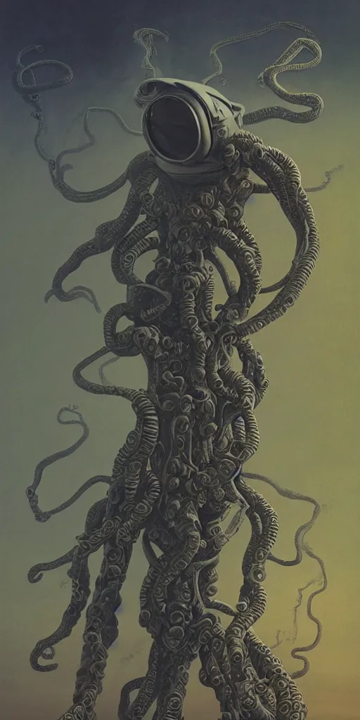 Image similar to eldritch astronaut with tentacle arms, by zdzisław beksinski, dynamic composition, dramatic lighting, hyper - realistic, ultra detailed, 8 k