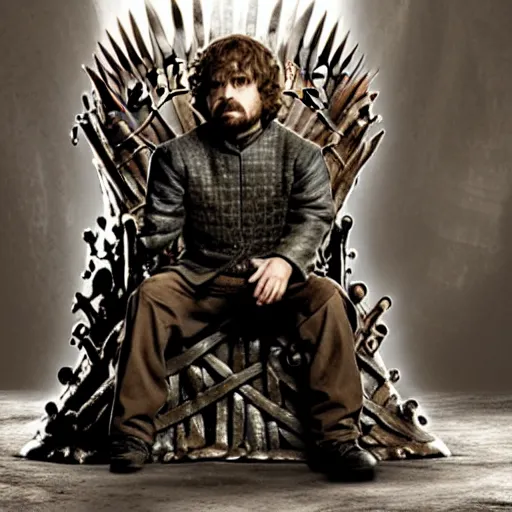 Prompt: peter dinklage sitting on the iron throne, game of thrones,, hd, 4 k, detailed, award winning