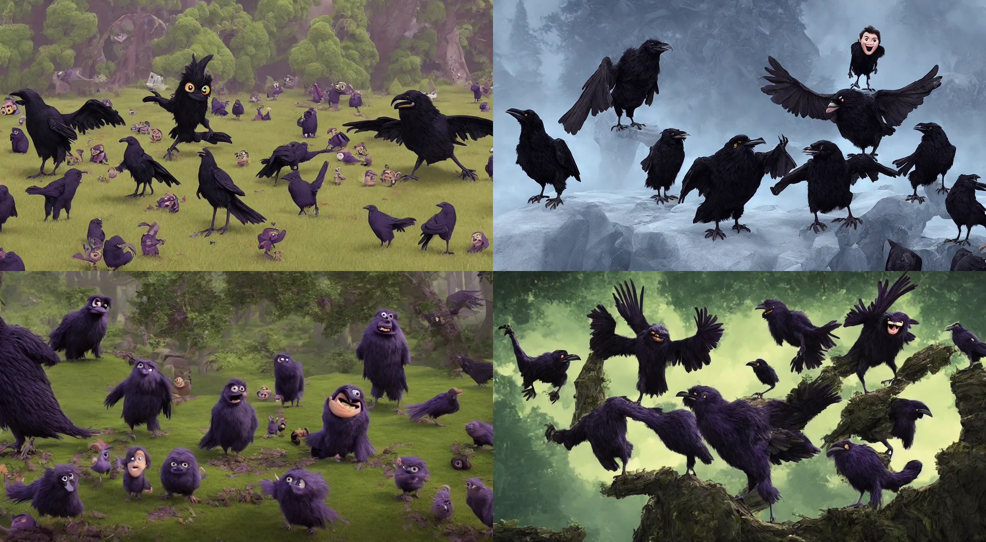 Prompt: a troll surrounded by ravens in the style of pixar