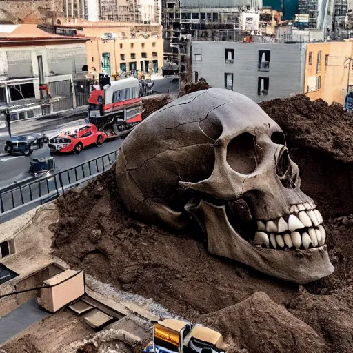 Image similar to photo of a giant skull being excavated in the middle of the city while the media gathers around it, trending on facebook, high definition, cinematic, 8 k