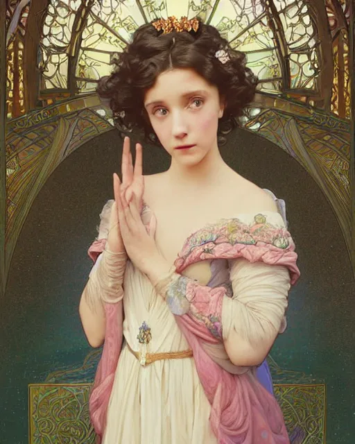 Prompt: a beautiful painting of a shy, blushing princess in a tiara and an iridescent art nouveau gown resembling millie bobby brown watching the lantern festival, intricate, elegant, highly detailed, digital painting, artstation, concept art, by krenz cushart and artem demura and william adolph bouguereau and alphonse mucha