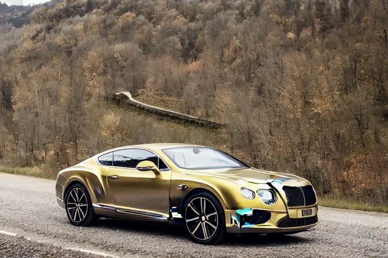 Image similar to Bentley Continental GT in shiny gold film drives along old Russian village road